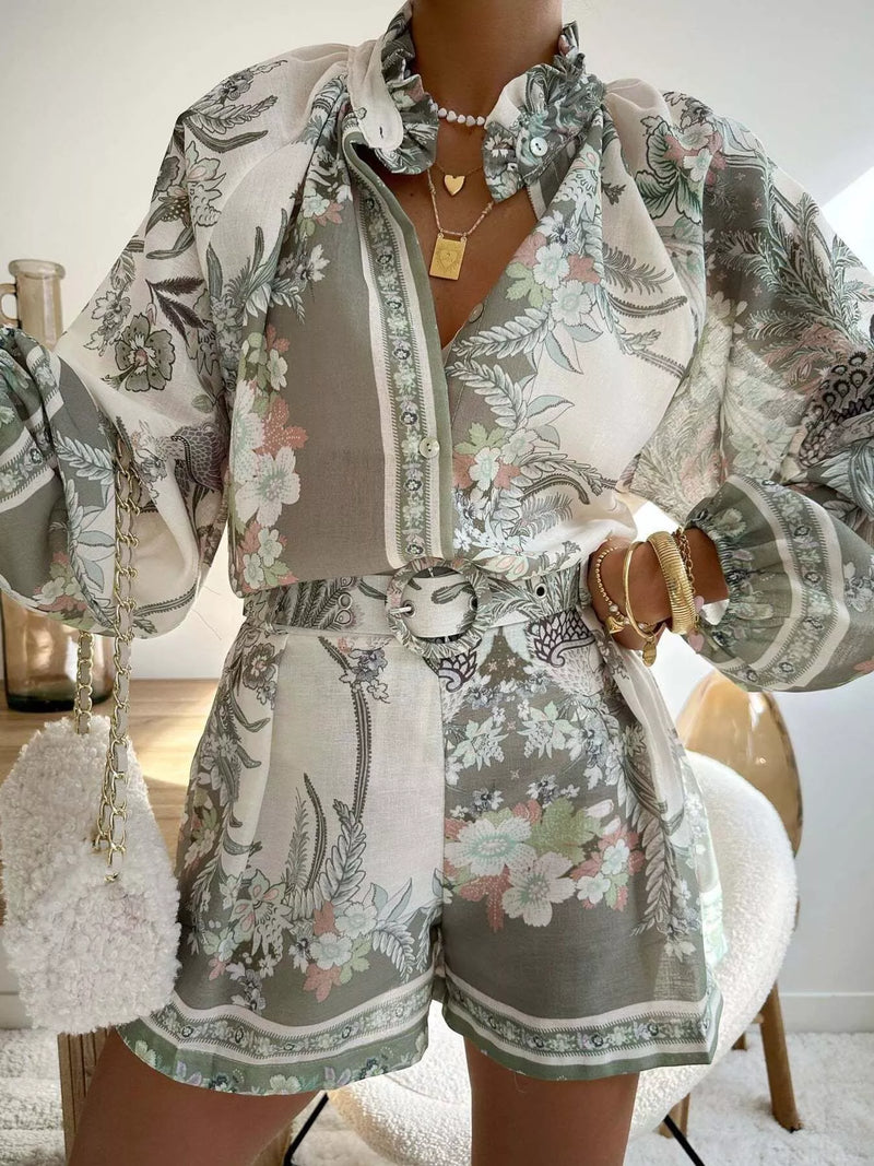Floral Shirt and Shorts Set for Women with Ruffle Collar and Belt in Green, front view