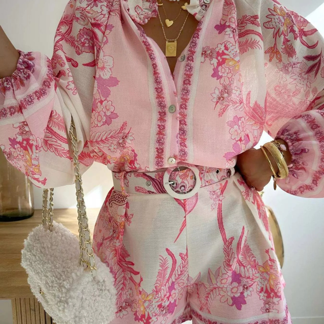 Floral Shirt and Shorts Set for Women with Ruffle Collar and Belt in Pink, front view