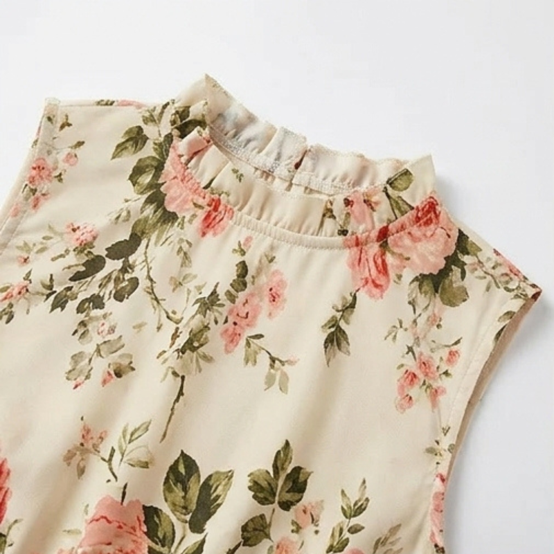 Floral Tiered Midi Dress for Women with Smocked Bodice and Ruffle Neck in Cream, collar detail