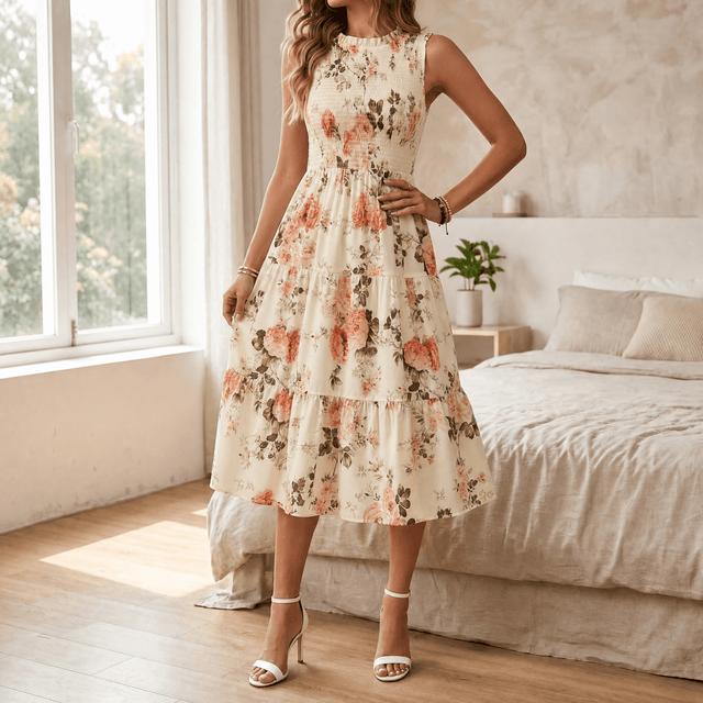 Floral Tiered Midi Dress for Women with Smocked Bodice and Ruffle Neck in Cream, front view