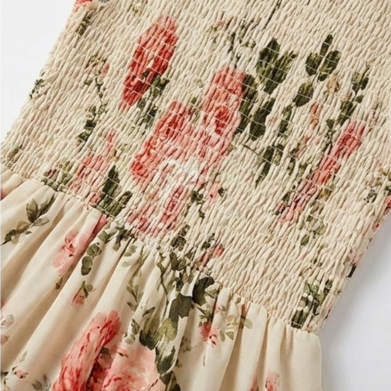 Floral Tiered Midi Dress for Women with Smocked Bodice and Ruffle Neck in Cream, smocked bodice detail