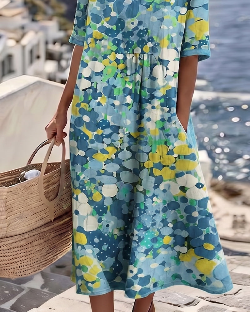 Floral Summer Midi Dress for Women with Half Sleeves and Pockets in Blue, skirt detail