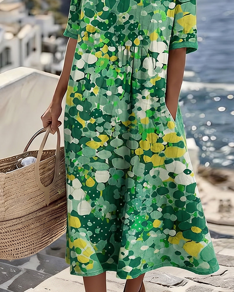 Floral Summer Midi Dress for Women with Half Sleeves and Pockets in Green, skirt detail