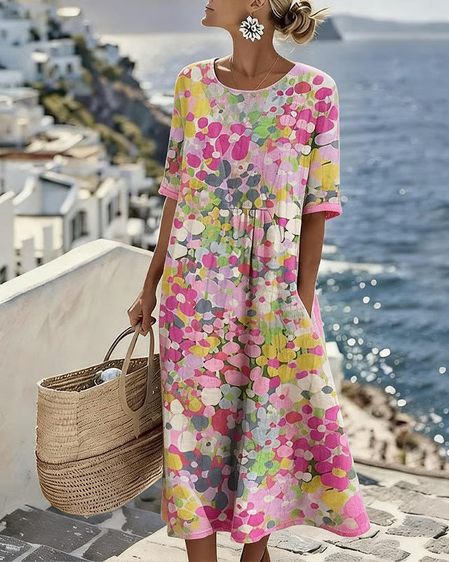 Floral Summer Midi Dress for Women with Half Sleeves and Pockets in Pink, front view