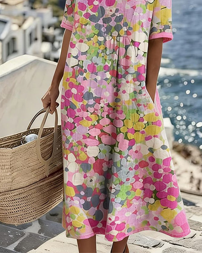 Floral Summer Midi Dress for Women with Half Sleeves and Pockets in Pink, skirt detail