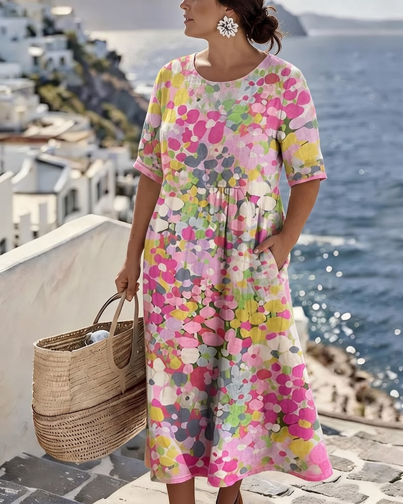 Floral Summer Midi Dress for Women with Half Sleeves and Pockets in Pink, walking view