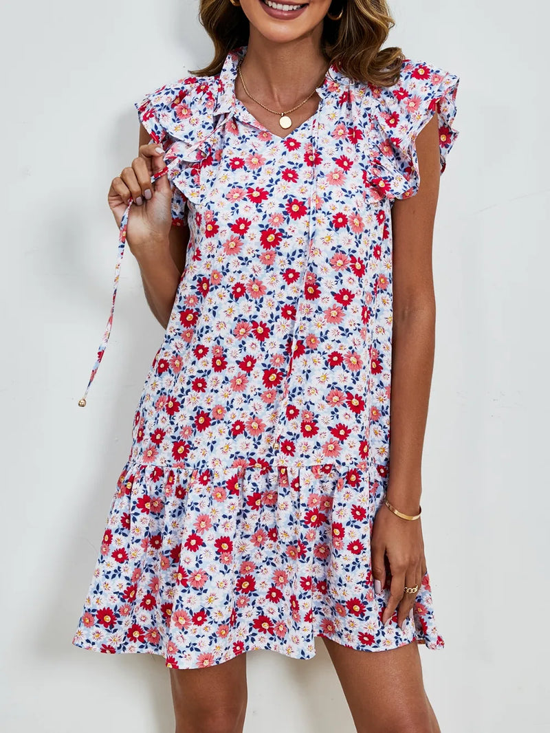 Floral Tie Neck Mini Dress for Women with Flutter Sleeves and Ruffle Hem in Red Floral, neck tie view