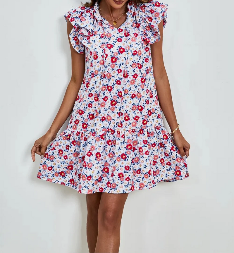 Floral Tie Neck Mini Dress for Women with Flutter Sleeves and Ruffle Hem in Red Floral, twirl view