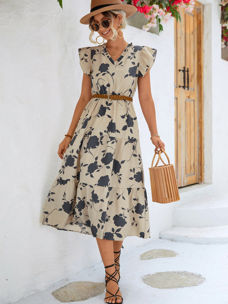 Floral Tiered Midi Dress for Women with Flutter Sleeves and V-Neck in Beige, front view