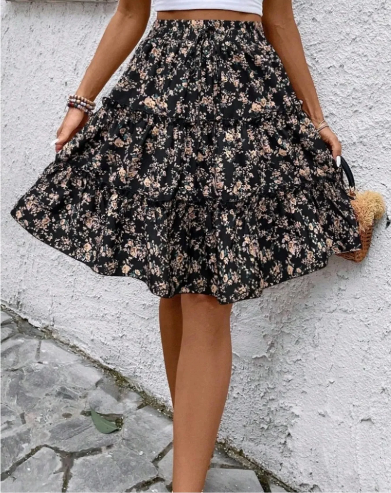 Floral Tiered Ruffle Skirt for Women with Tie Waist and Knee Length in Black, front view