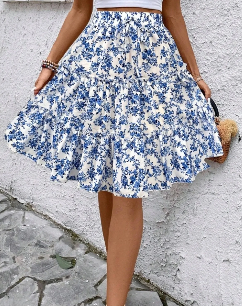 Floral Tiered Ruffle Skirt for Women with Tie Waist and Knee Length in Blue, front view