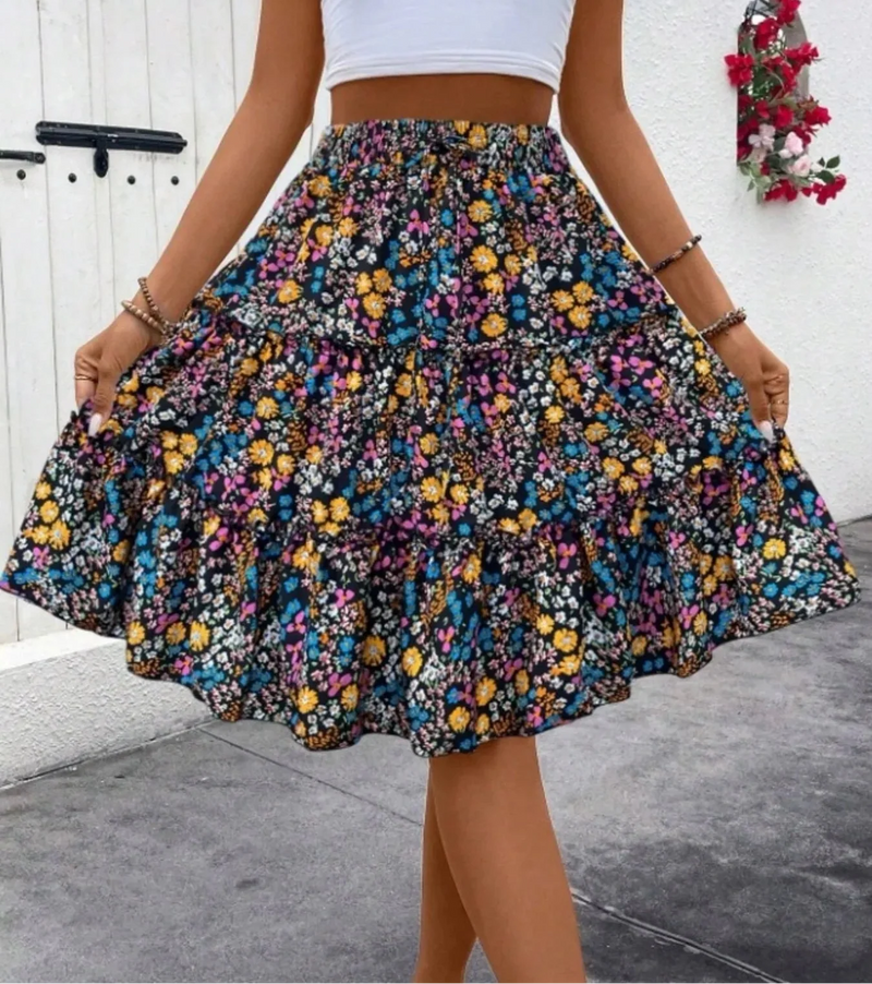 Floral Tiered Ruffle Skirt for Women with Tie Waist and Knee Length in Multi-Colour, front view