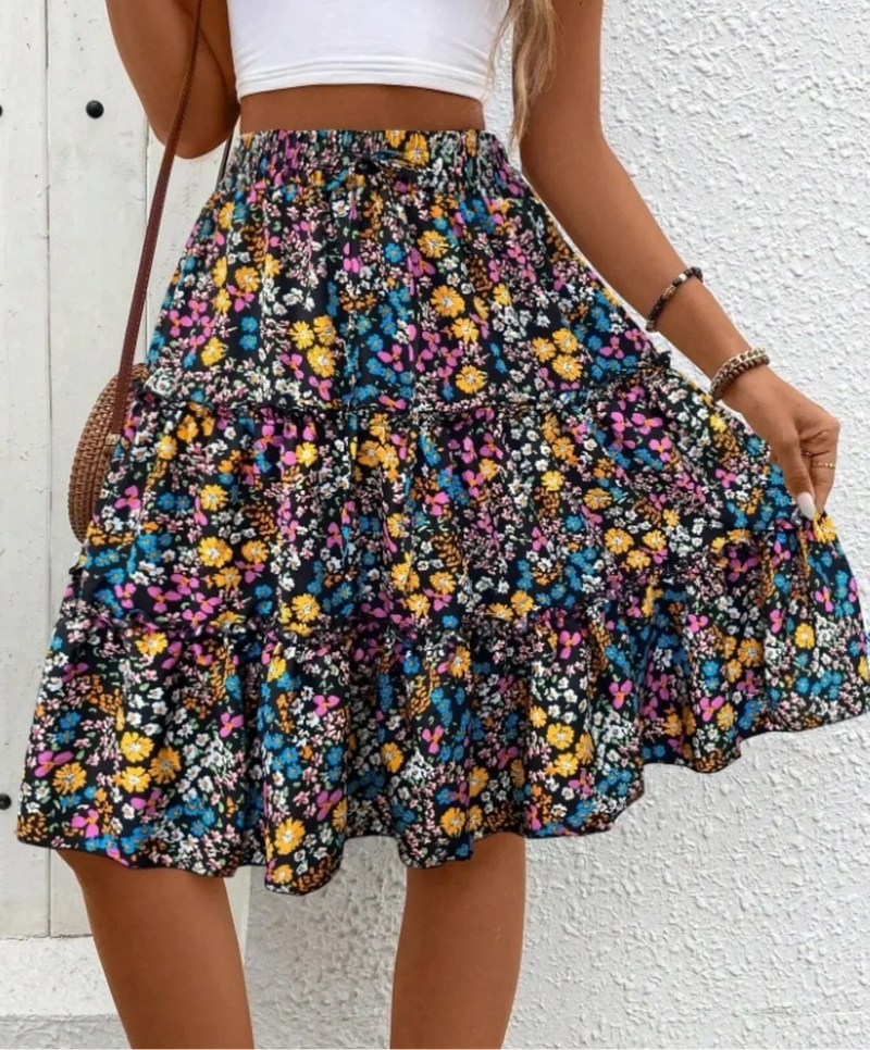 Floral Tiered Ruffle Skirt for Women with Tie Waist and Knee Length in Multi-Colour, front view close