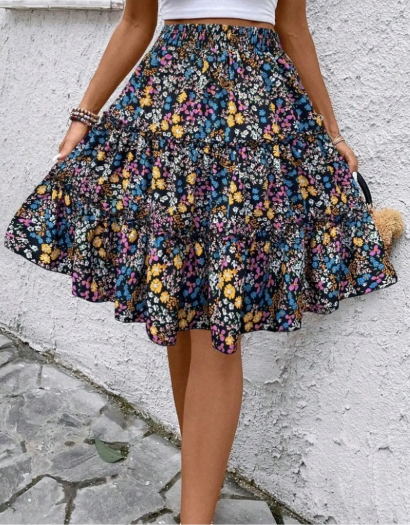 Floral Tiered Ruffle Skirt for Women with Tie Waist and Knee Length in Multi-Colour, full front view