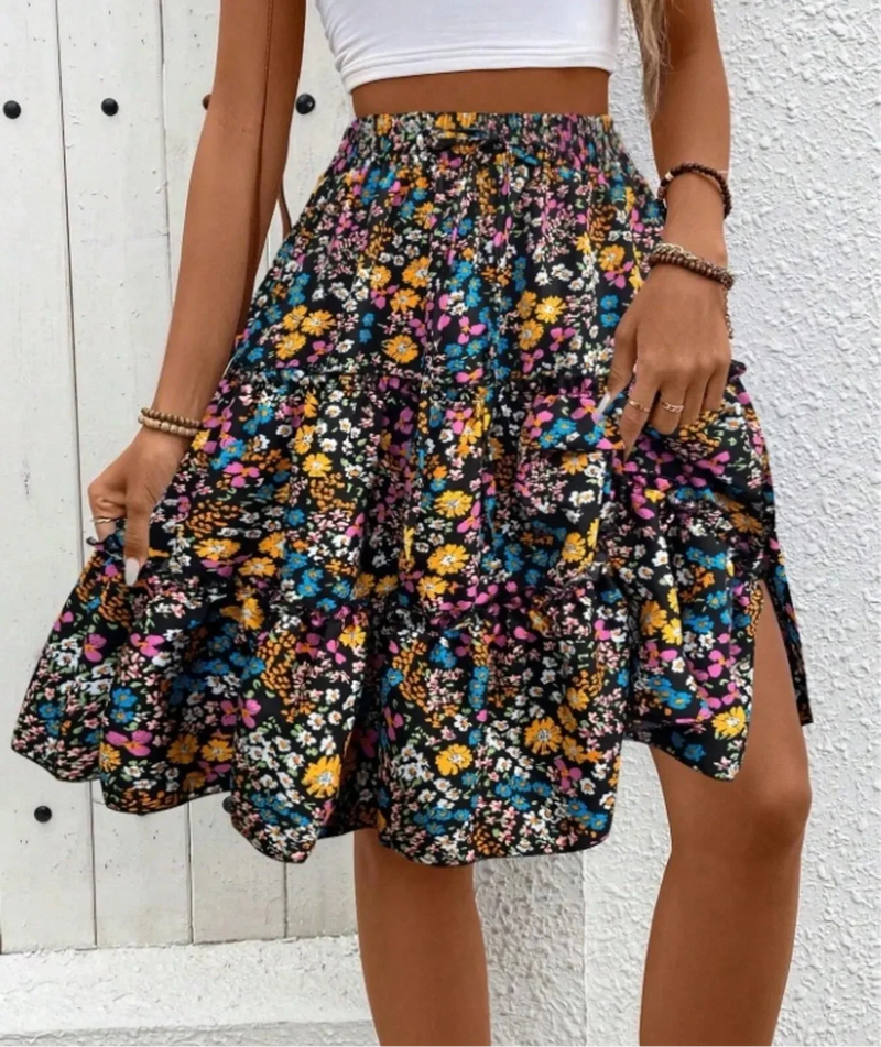 Floral Tiered Ruffle Skirt for Women with Tie Waist and Knee Length in Multi-Colour, walking view