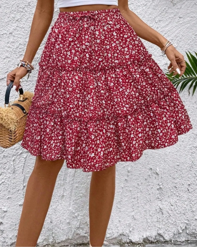 Floral Tiered Ruffle Skirt for Women with Tie Waist and Knee Length in Red, front view