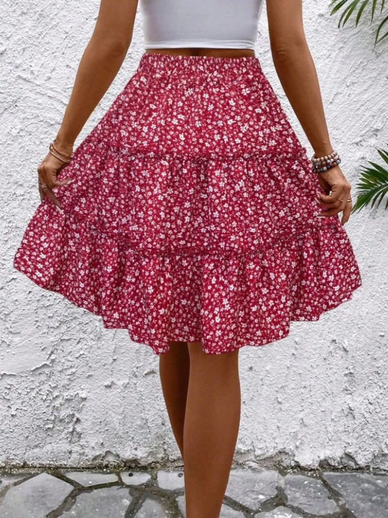 Floral Tiered Ruffle Skirt for Women with Tie Waist and Knee Length in Red, front view close