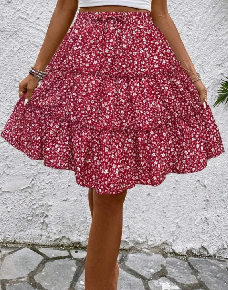 Floral Tiered Ruffle Skirt for Women with Tie Waist and Knee Length in Red, full front view