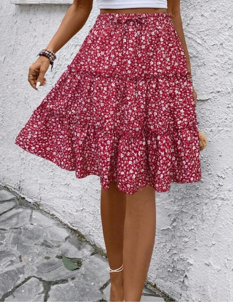 Floral Tiered Ruffle Skirt for Women with Tie Waist and Knee Length in Red, side view