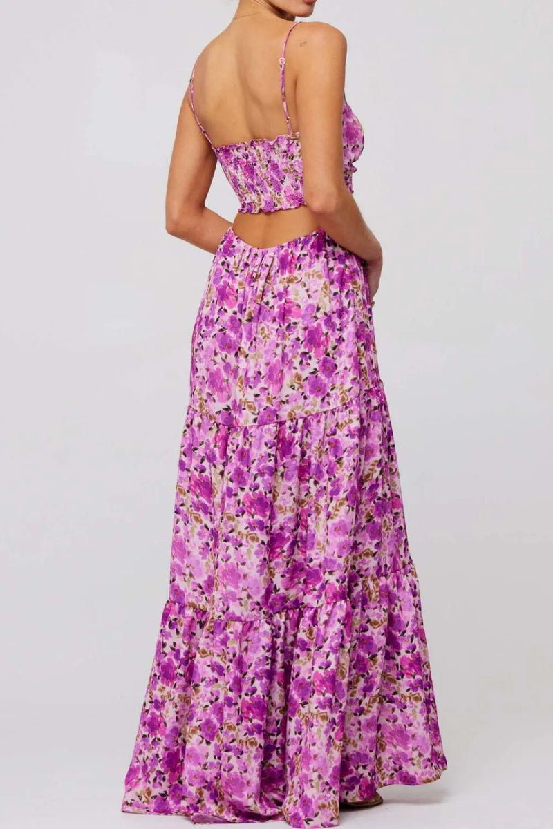 Floral Tiered Maxi Dress for Women with Tie Front and Back Cutout in Purple, back view