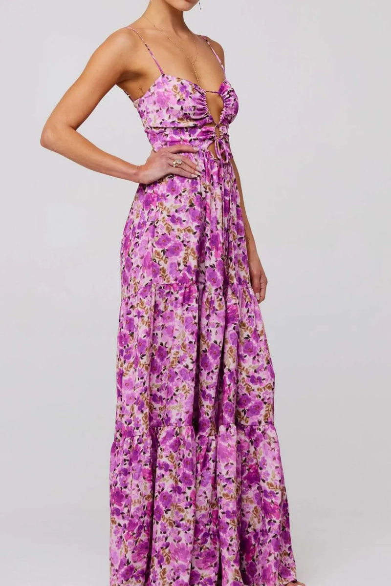 Floral Tiered Maxi Dress for Women with Tie Front and Back Cutout in Purple, front view 2