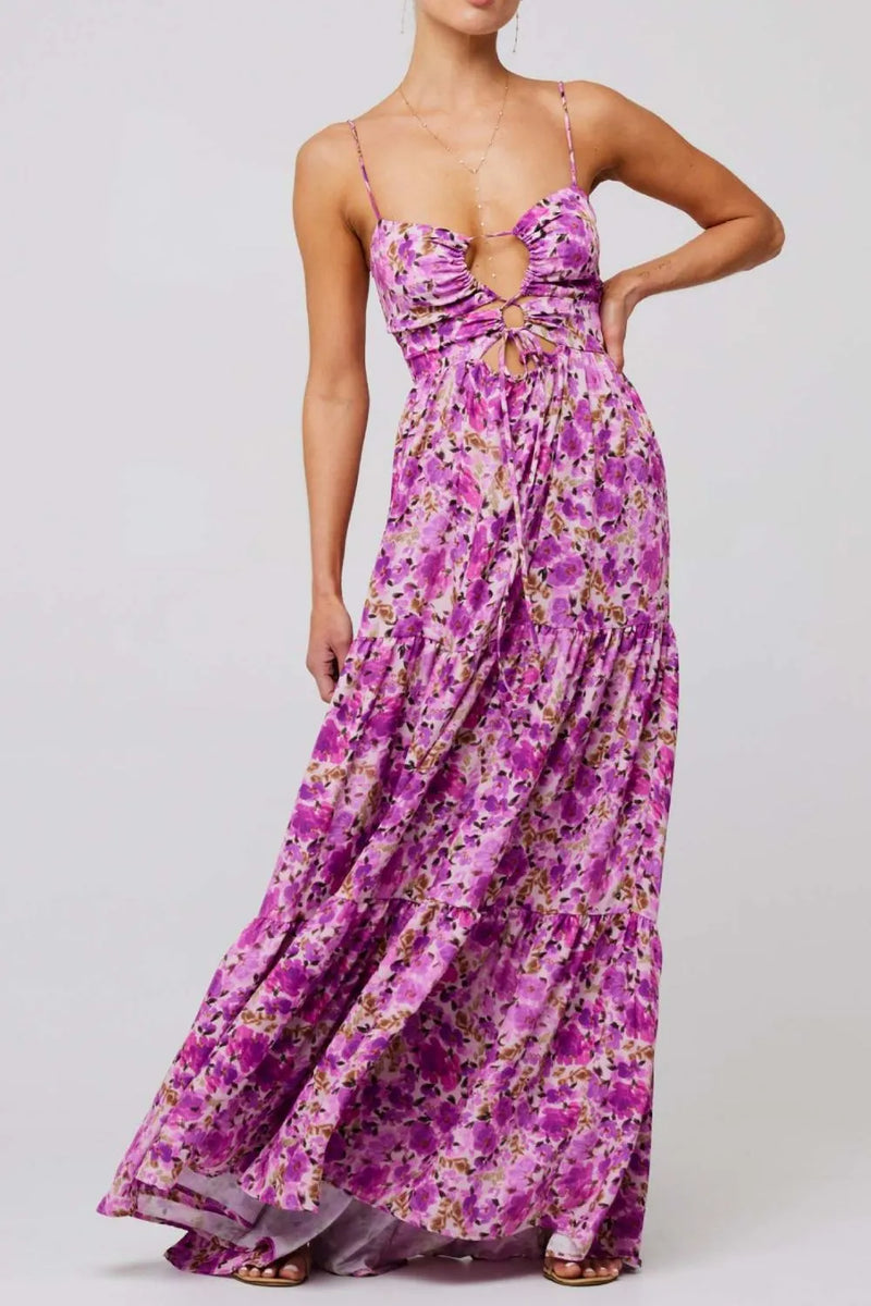 Floral Tiered Maxi Dress for Women with Tie Front and Back Cutout in Purple, front view