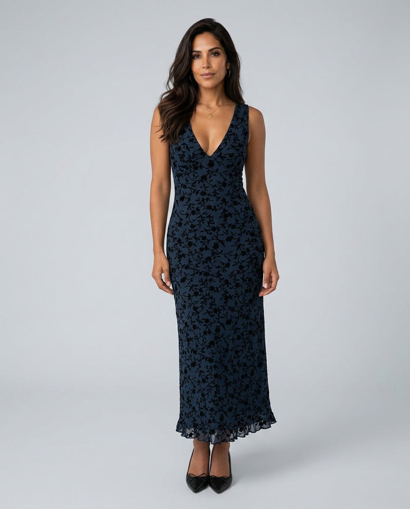 Floral V Neck Maxi Dress for Women with Flocked Print and Open Back in Blue, front view