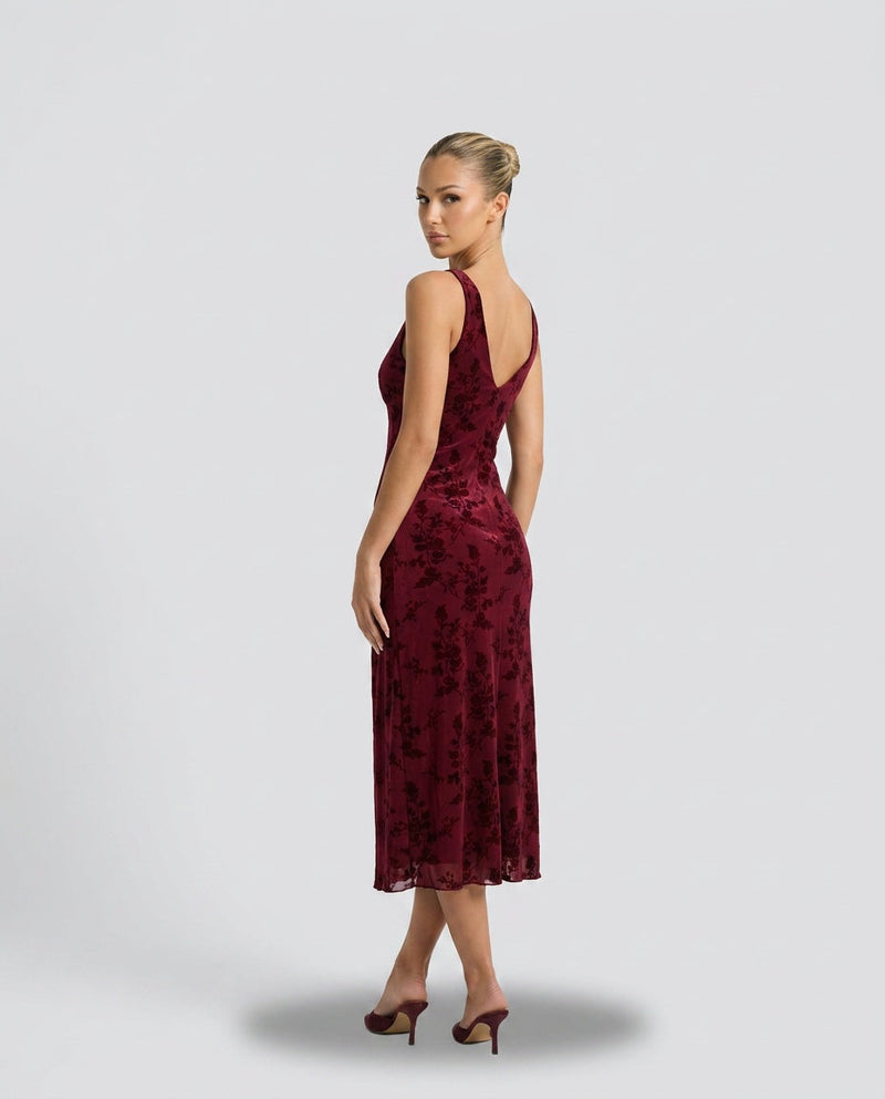 Floral V Neck Maxi Dress for Women with Flocked Print and Open Back in Burgundy, back view