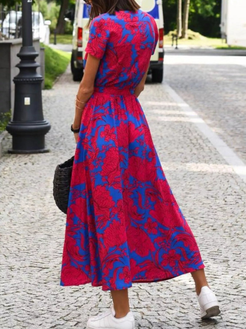 Floral Wrap Maxi Dress for Women with Short Sleeves and Tie Waist in Red, back view