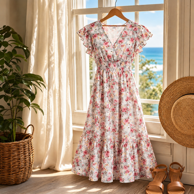 Floral Wrap Midi Dress for Women with Flutter Sleeves and Smocked Waist in Pink Floral, hanger view
