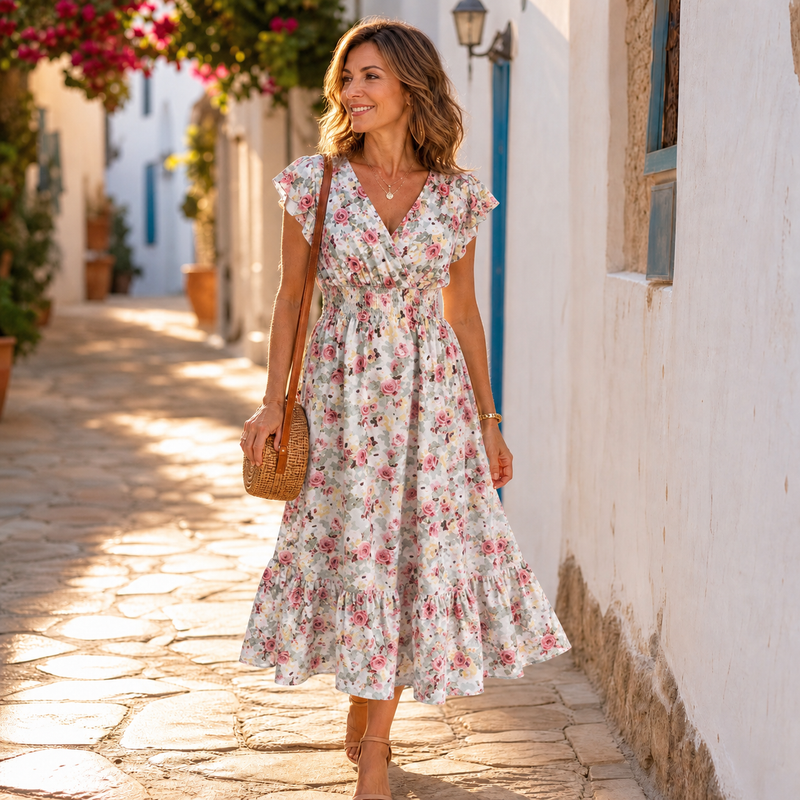 Floral Wrap Midi Dress for Women with Flutter Sleeves and Smocked Waist in Pink Floral, styled walking view