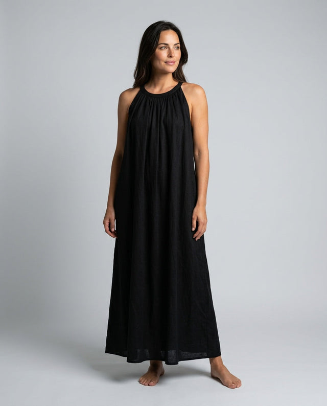 Flowy Linen-Look Maxi Dress for Women with Gathered Neckline in Black, front view