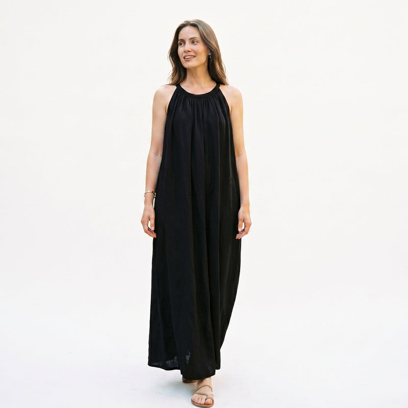 Flowy Linen-Look Maxi Dress for Women with Gathered Neckline in Black, full length view
