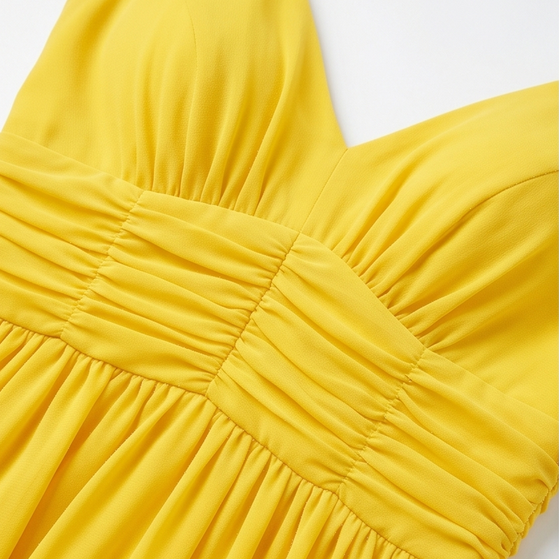 Flowy Maxi Dress for Women with V-Neck and High Thigh Slit in Yellow, waistband detail