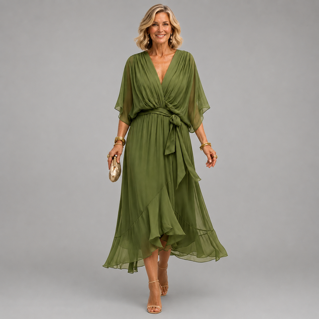Flutter Sleeve Chiffon Midi Dress for Women with Tie Waist and Ruffle Hem in Green, front view