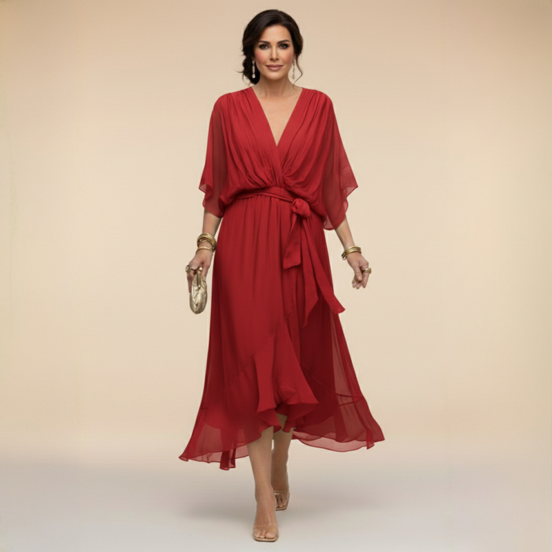 Flutter Sleeve Chiffon Midi Dress for Women with Tie Waist and Ruffle Hem in Red, front view