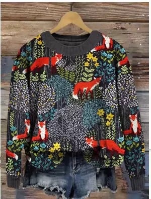 Crewneck Sweater for Women with Woodland Fox Print and Relaxed Fit in Black, front view 7