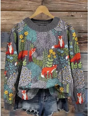 Crewneck Sweater for Women with Woodland Fox Print and Relaxed Fit in Grey, front view