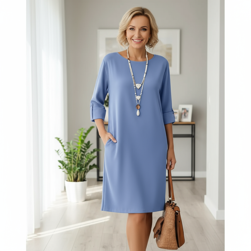 Linen Shift Dress for Women with 3/4 Sleeves and Side Pockets, studio front view