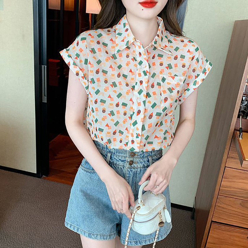 Geometric Print Short Sleeve Shirt for Women with Collar and Chest Pocket in Apricot, full length view