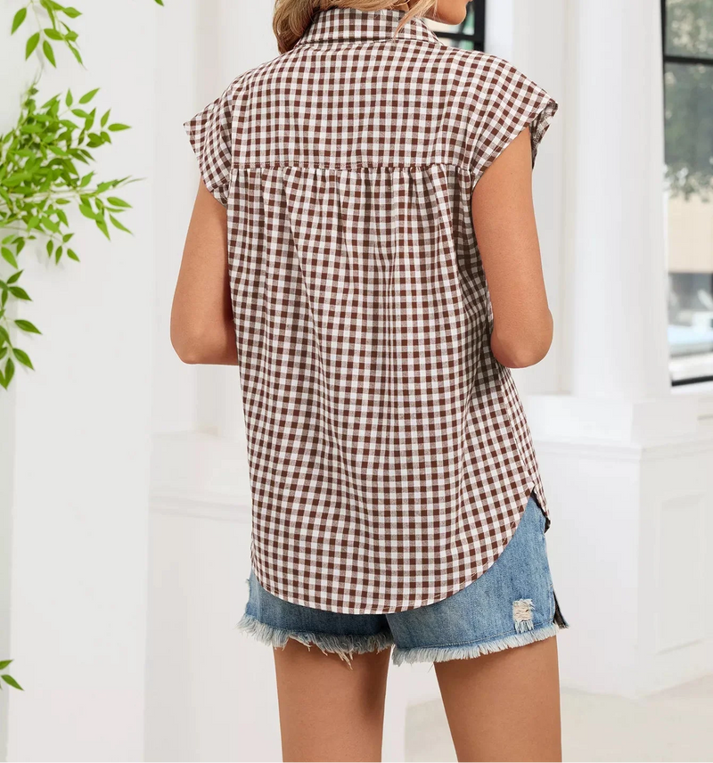 Button-Up Shirt for Women with Gingham Check and Cap Sleeves in Brown, back view