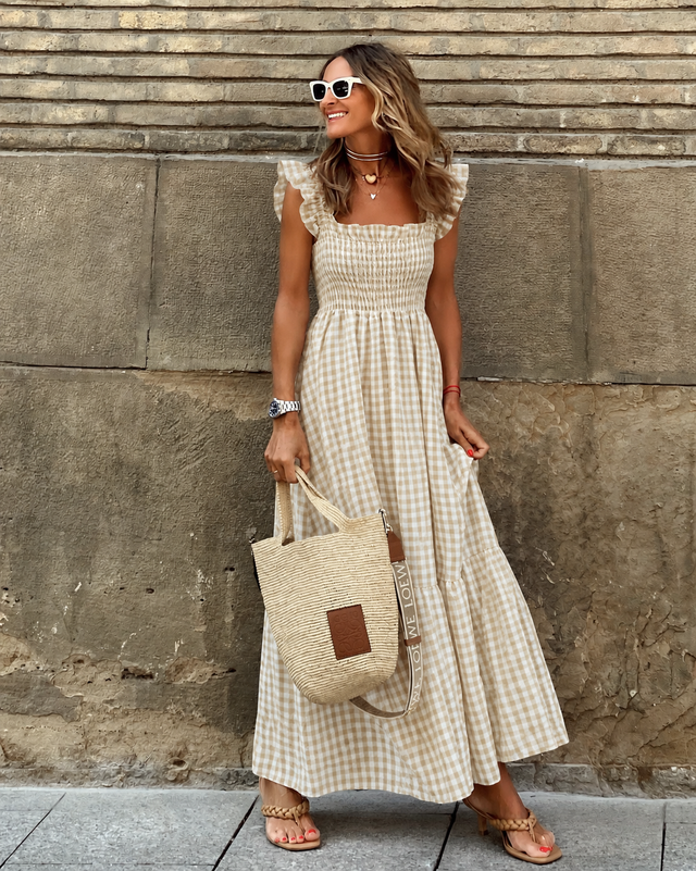 Gingham Maxi Sundress for Women with Smocked Bodice and Ruffle Straps in Beige, front view