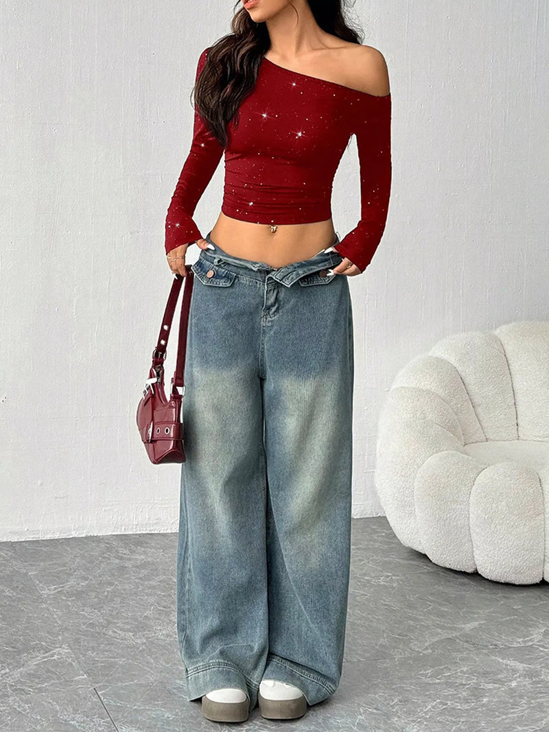 Glitter Off Shoulder Crop Top for Women with Long Sleeves and Ribbed Knit in Wine Red, full length view
