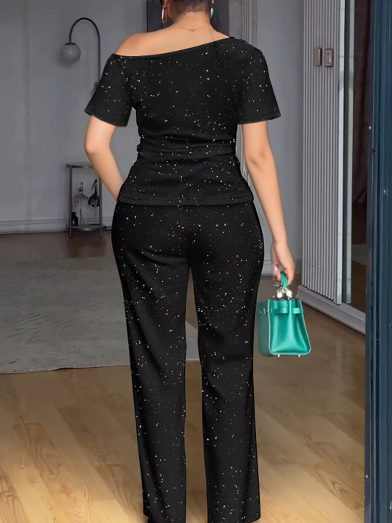 Glitter Pants and Top Set for Women with Off Shoulder Top and Straight Leg in Black, back view 2