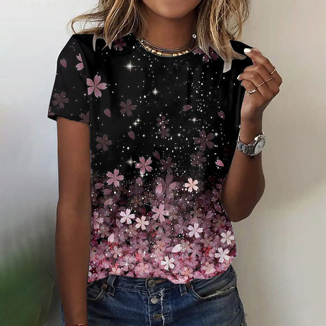 Graphic Print T-Shirt for Women with Butterfly and Floral Designs in Pink Floral, front view 2