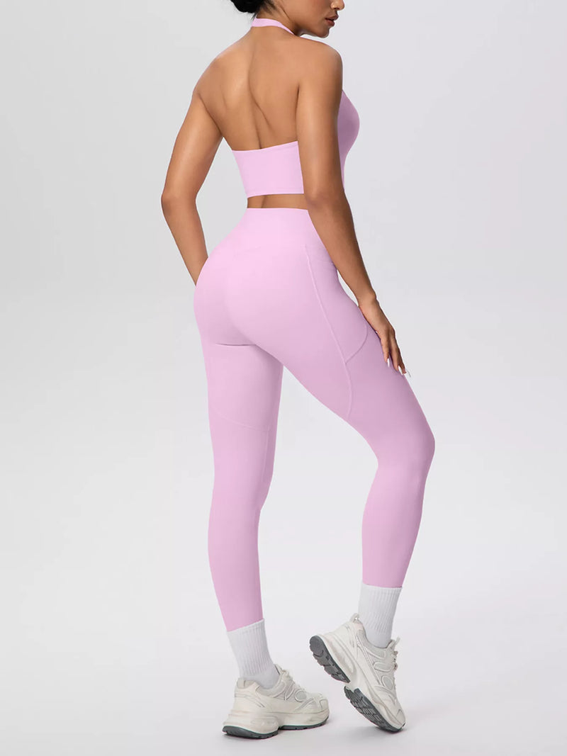 Halter Activewear Set for Women with High Waisted Pocket Leggings in Blush Pink, back view