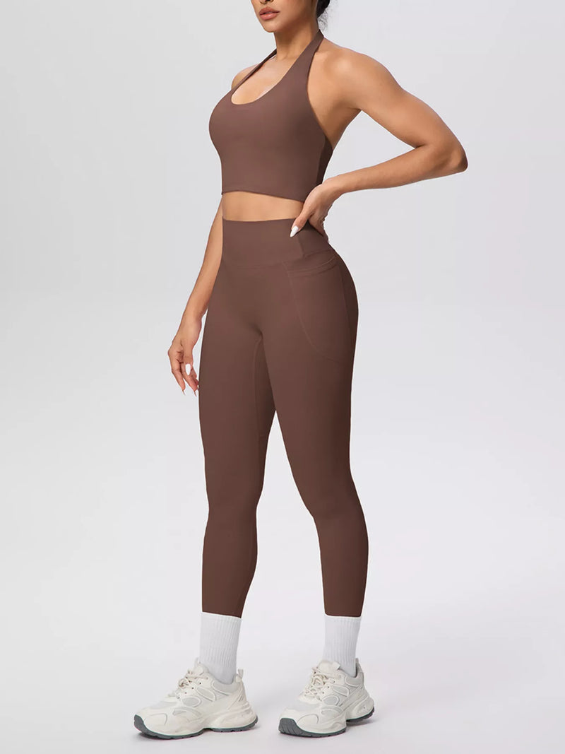 Halter Activewear Set for Women with High Waisted Pocket Leggings in Brown, front view 3
