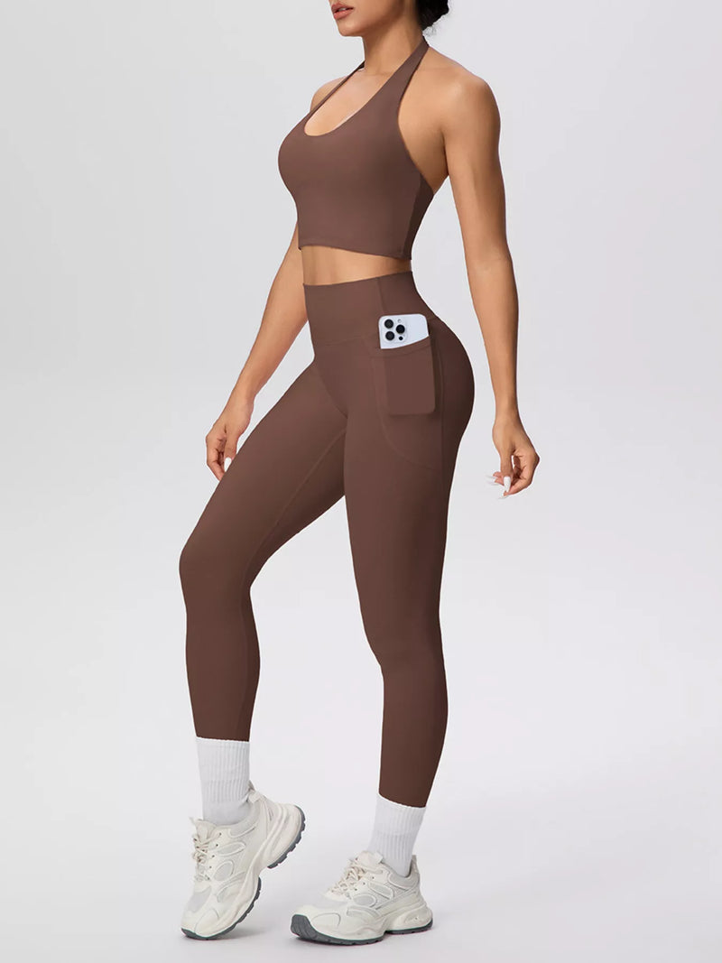Halter Activewear Set for Women with High Waisted Pocket Leggings in Brown, side view