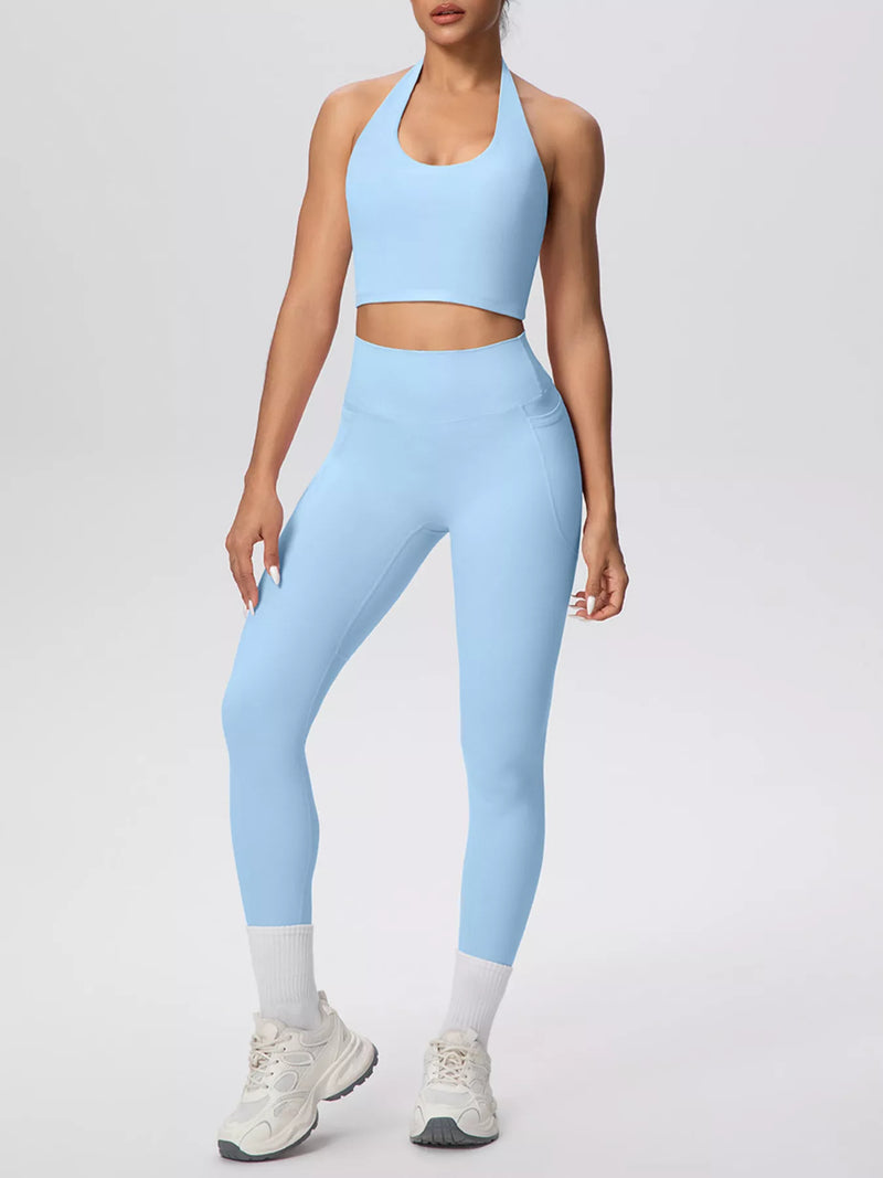 Halter Activewear Set for Women with High Waisted Pocket Leggings in Light Blue, front view 3