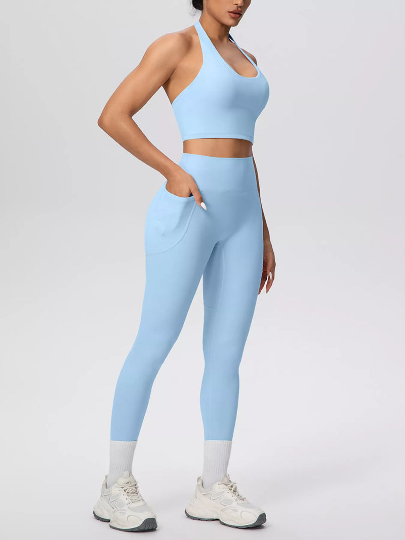 Halter Activewear Set for Women with High Waisted Pocket Leggings in Light Blue, side view
